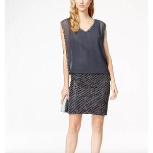 J Kara Gray Blue Grey Chiffon Beaded Blouson Mini Cocktail Wedding Guest Dress 6